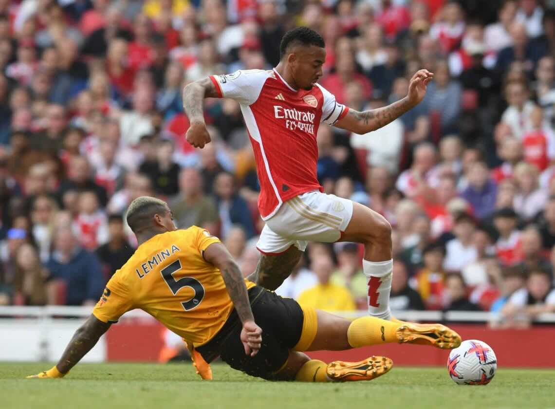 Gabriel Jesus evades Mario Lemina’s challenge during an Arsenal vs Wolverhampton Premier League match at the Emirates