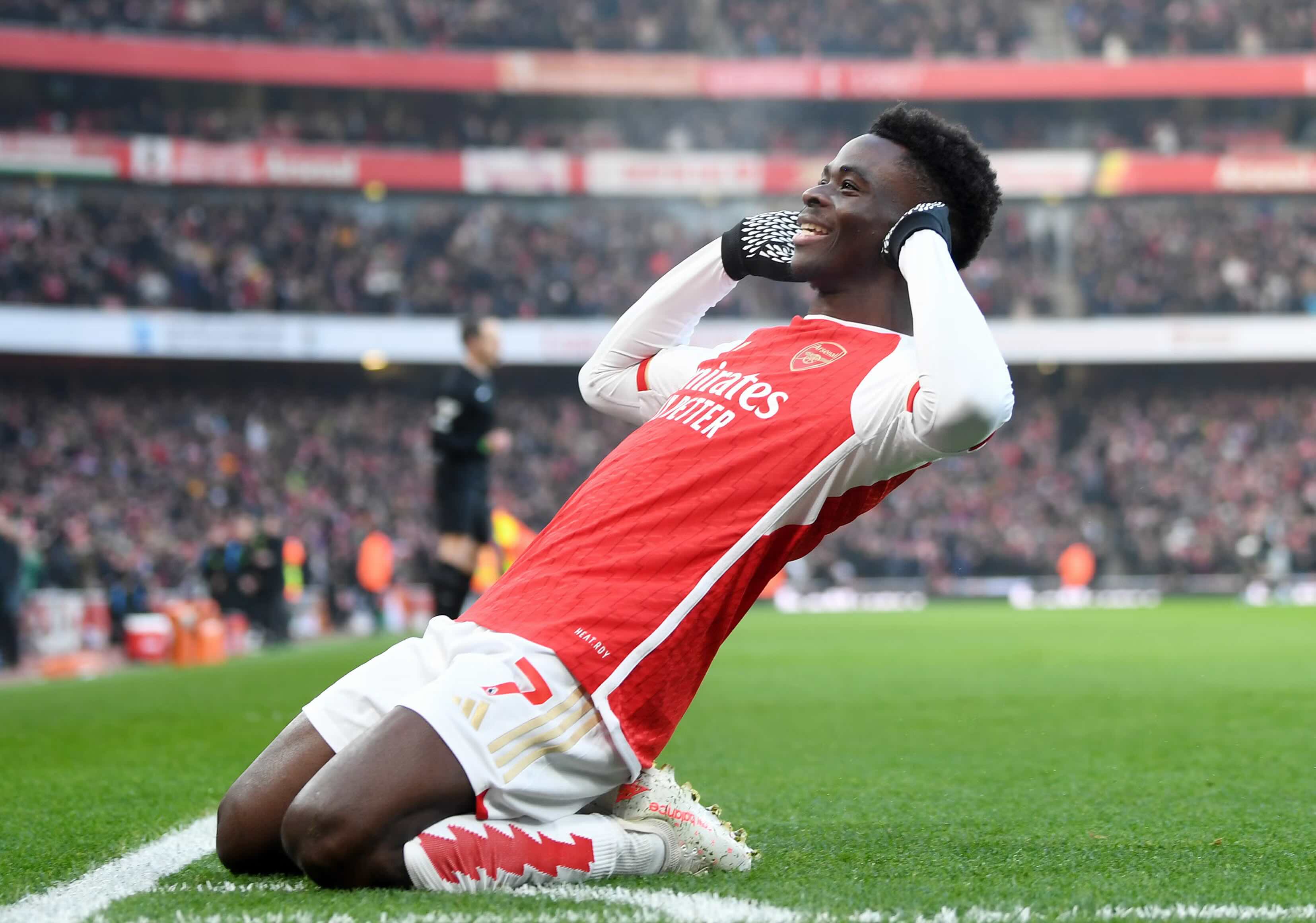 Bukayo Saka celebrates after scoring for Arsenal at the Emirates Stadium during a Premier League match