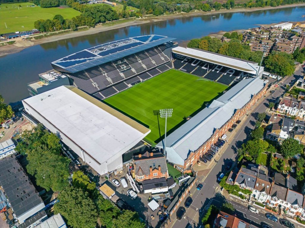 Aerial view of Craven Cottage stadium by the River Thames, home venue for Fulham vs Nottingham Forest