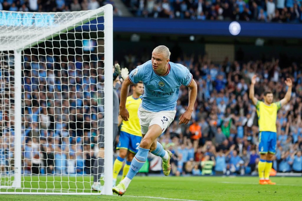Erling Haaland celebrates scoring against Nottingham Forest in Premier League fixture